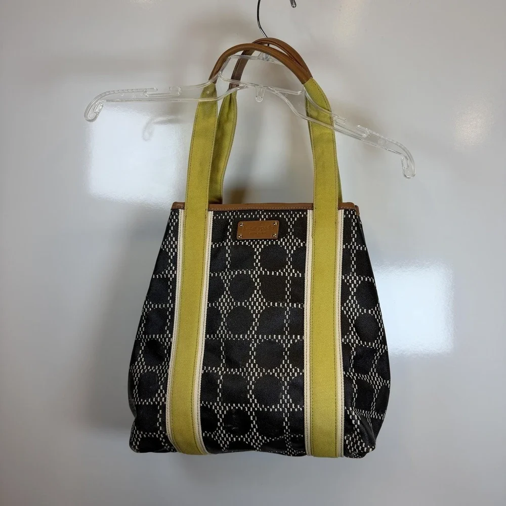 Kate Spade Tote Bag Medium Black Canvas Leather Yellow Straps Geometric